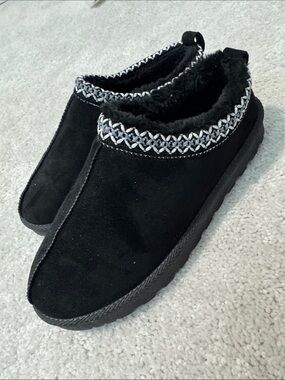 Black Faux Suede Moccasin Slippers with Embroidered Trim